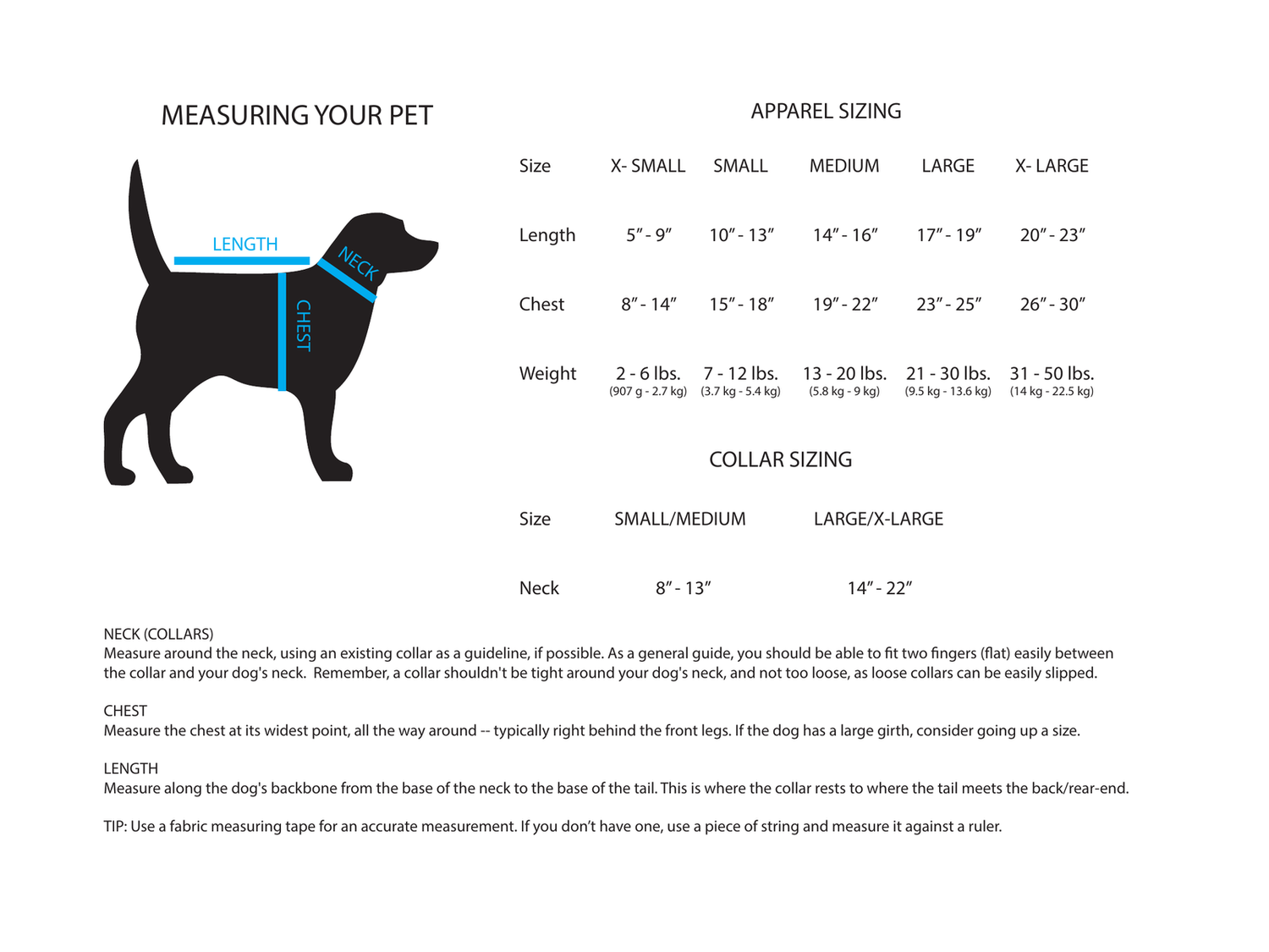 Dog walking gear measurement diagram showing neck and chest measurements